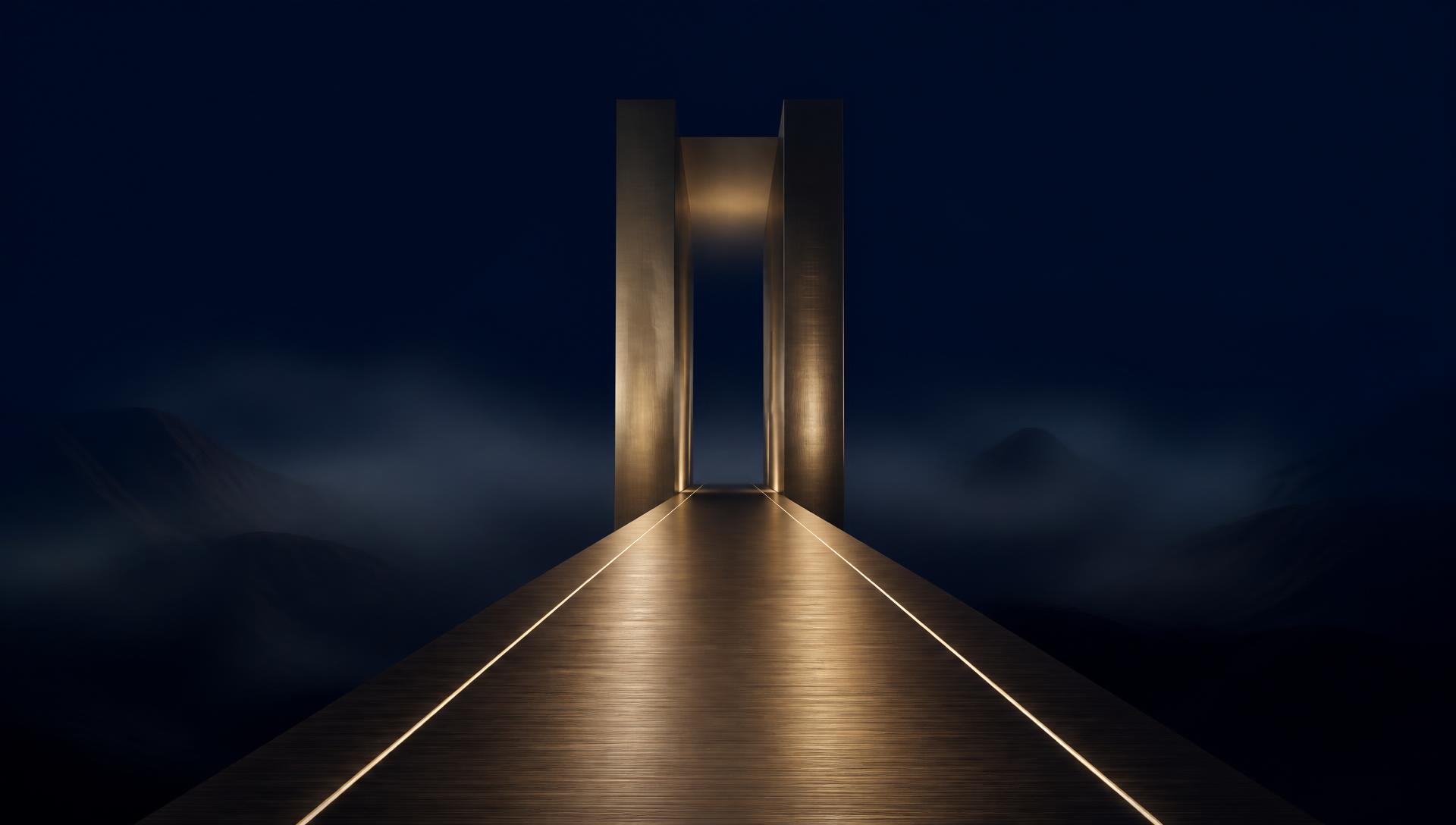 Long chemin métallique illuminé convergeant vers un portail monumental